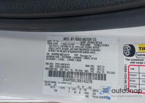 2011 Ford Fusion Sport из США, поврежденный, VIN 3FAHP0DC2BR143270